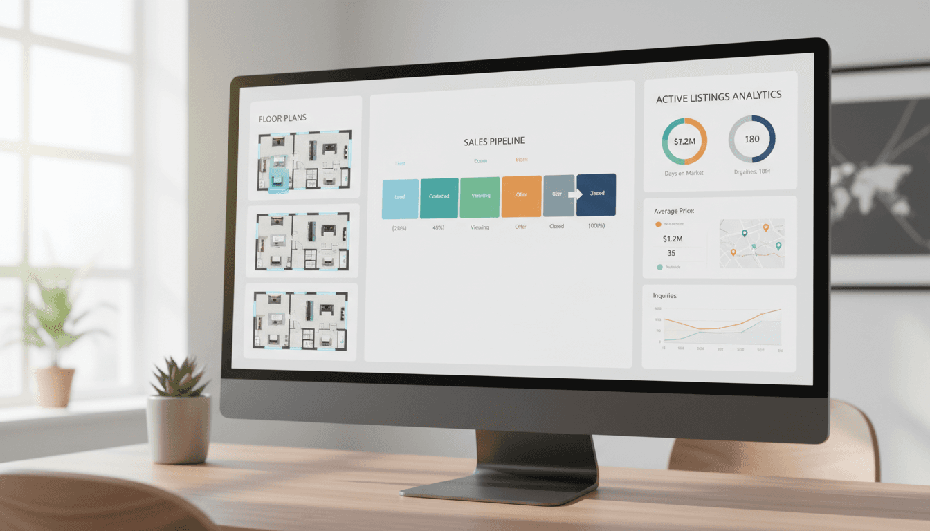 Desktop operations dashboard with property listings, charts, and metrics