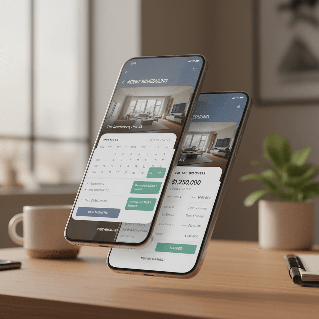 Mobile agent portal displayed on phones beside a laptop