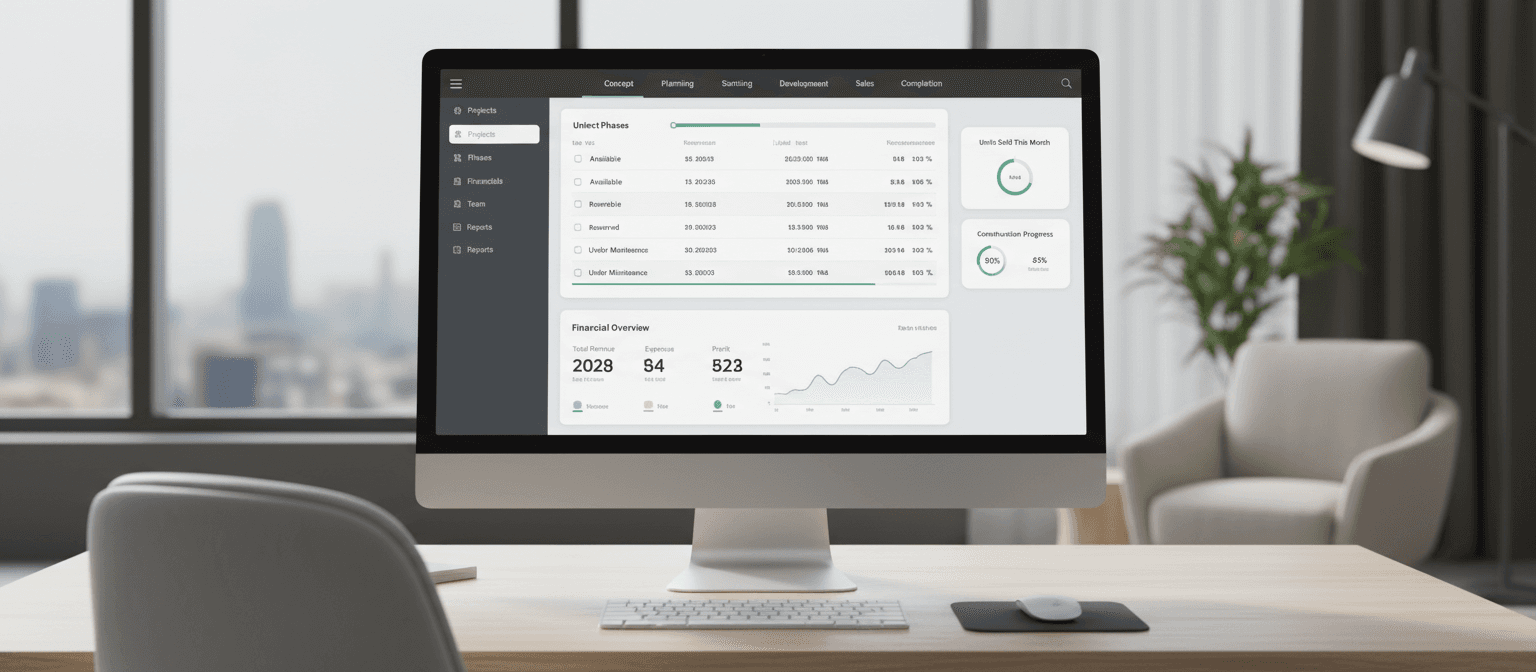 Real-estate management platform shown on a desktop monitor
