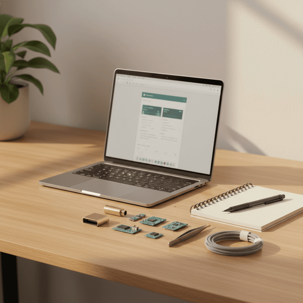 Laptop and carefully arranged product sketches on a warm wooden desk
