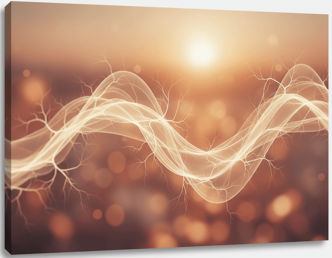 Interwoven luminous waves flowing across a warm amber background