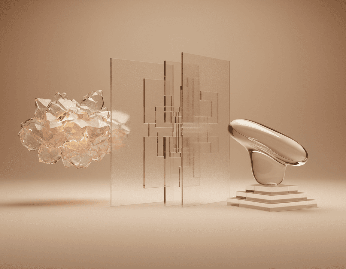 Warm sculptural forms, a translucent architectural model, and a polished metal loop